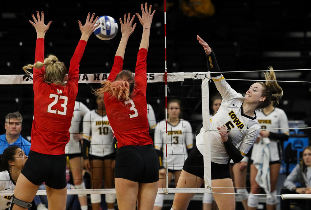 Iowa Hawkeyes outside hitter Meghan Buzzerio (5) spikes the ball during a match against Maryland at Carver-Hawkeye Arena on November 23, 2018. (Tork Mason/hawkeyesports.com)