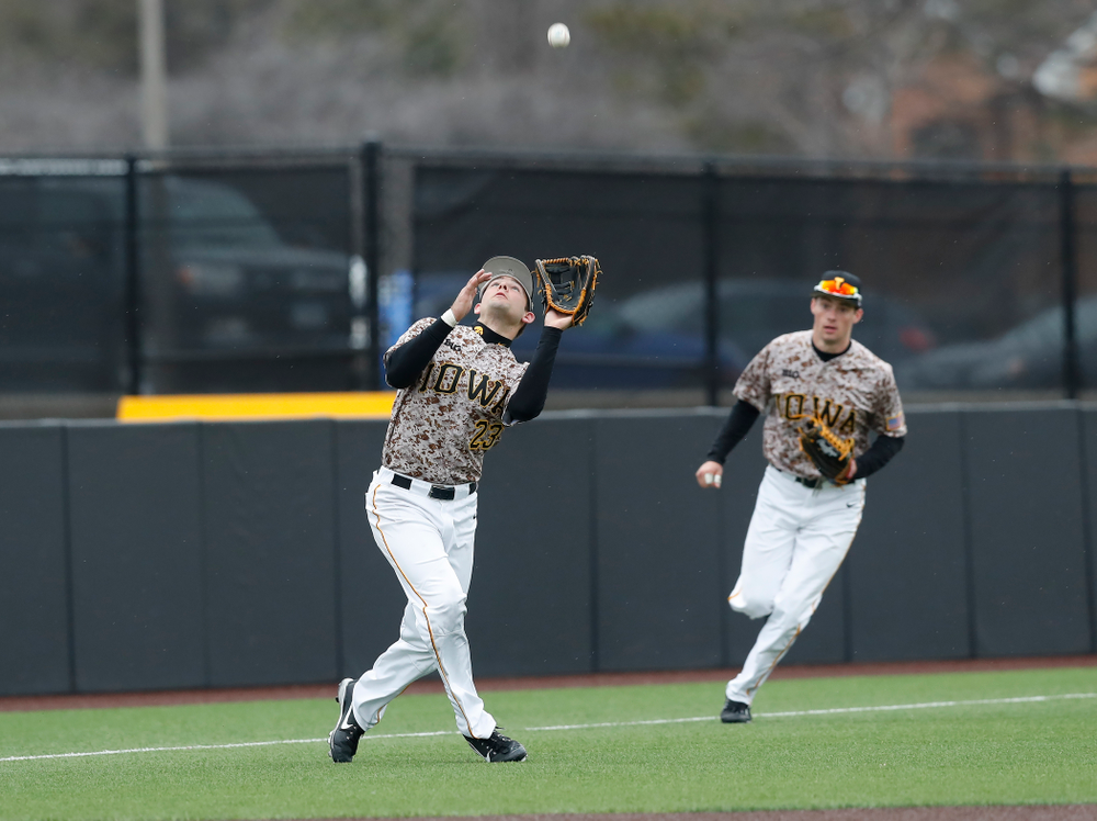 Iowa Hawkeyes infielder Kyle Crowl (23) during a double header against the Indiana Hoosiers Friday, March 23, 2018 at Duane Banks Field. (Brian Ray/hawkeyesports.com)