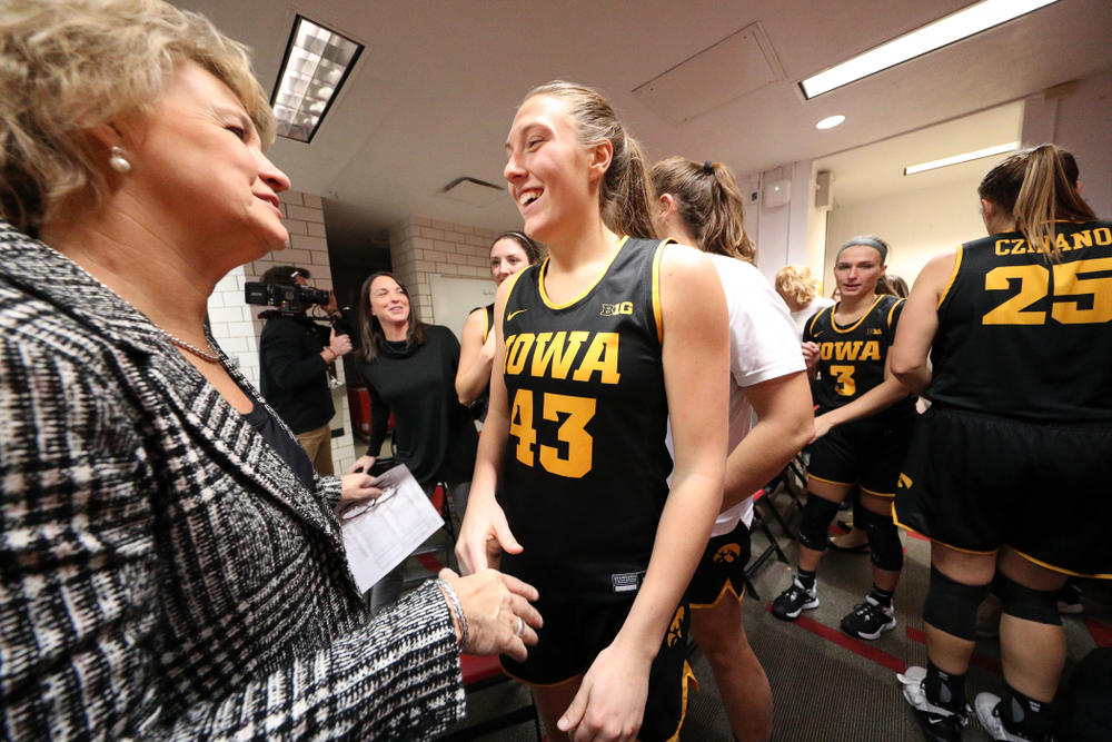 Iowa Hawkeyes forward Amanda Ollinger (43) and head coach Lisa Bluder against the Iowa State Cyclones Wednesday, December 11, 2019 at Hilton Coliseum in Ames, Iowa(Brian Ray/hawkeyesports.com)