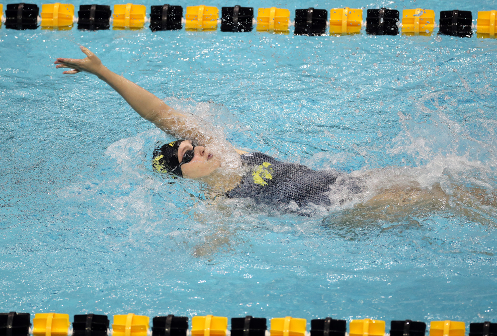 IowaÕs Emilia Sansome swims the 200 yard backstroke against the Michigan Wolverines Friday, November 1, 2019 at the Campus Recreation and Wellness Center. (Brian Ray/hawkeyesports.com)