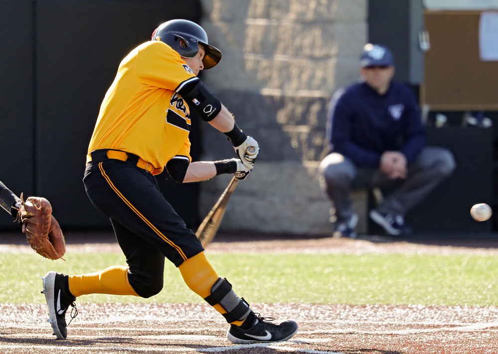 Iowa Hawkeyes second baseman Mitchell Boe (4) drives a pitch for a hit during the second inning of their game at Duane Banks Field in Iowa City on Tuesday, Apr. 2, 2019. (Stephen Mally/hawkeyesports.com)