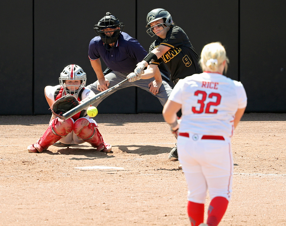 Iowa catcher Abby Lien (9) drives a pitch for a hit during the fourth inning of their game against Ohio State at Pearl Field in Iowa City on Saturday, May. 4, 2019. (Stephen Mally/hawkeyesports.com)