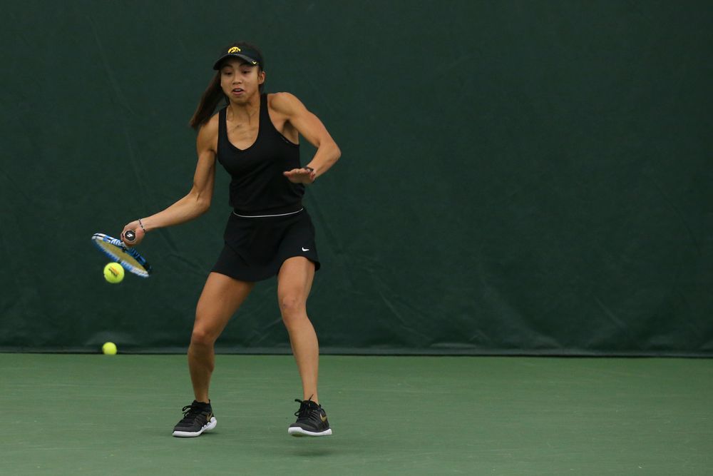 Iowa’s Michelle Bacalla returns a ball during the Iowa women’s tennis meet vs UNI on Saturday, February 29, 2020 at the Hawkeye Tennis and Recreation Complex. (Lily Smith/hawkeyesports.com)