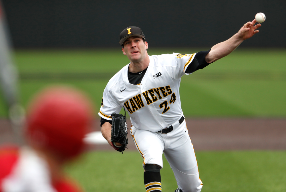 Iowa Hawkeyes pitcher Nick Allgeyer (24) during a double header against the Indiana Hoosiers Friday, March 23, 2018 at Duane Banks Field. (Brian Ray/hawkeyesports.com)