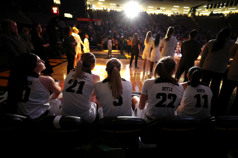 Iowa Hawkeyes forward Megan Gustafson (10), forward Hannah Stewart (21), guard Makenzie Meyer (3), guard Kathleen Doyle (22), and guard Tania Davis (11) against the Wisconsin Badgers Monday, January 7, 2019 at Carver-Hawkeye Arena. (Brian Ray/hawkeyesports.com)