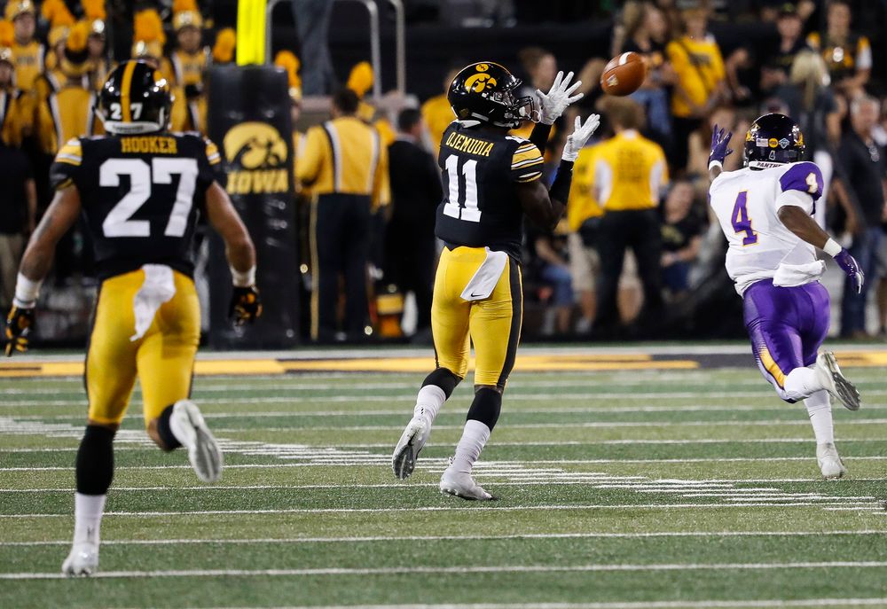 Iowa Hawkeyes defensive back Michael Ojemudia (11) intercepts a pass during a game against Northern Iowa at Kinnick Stadium on September 15, 2018. (Tork Mason/hawkeyesports.com)