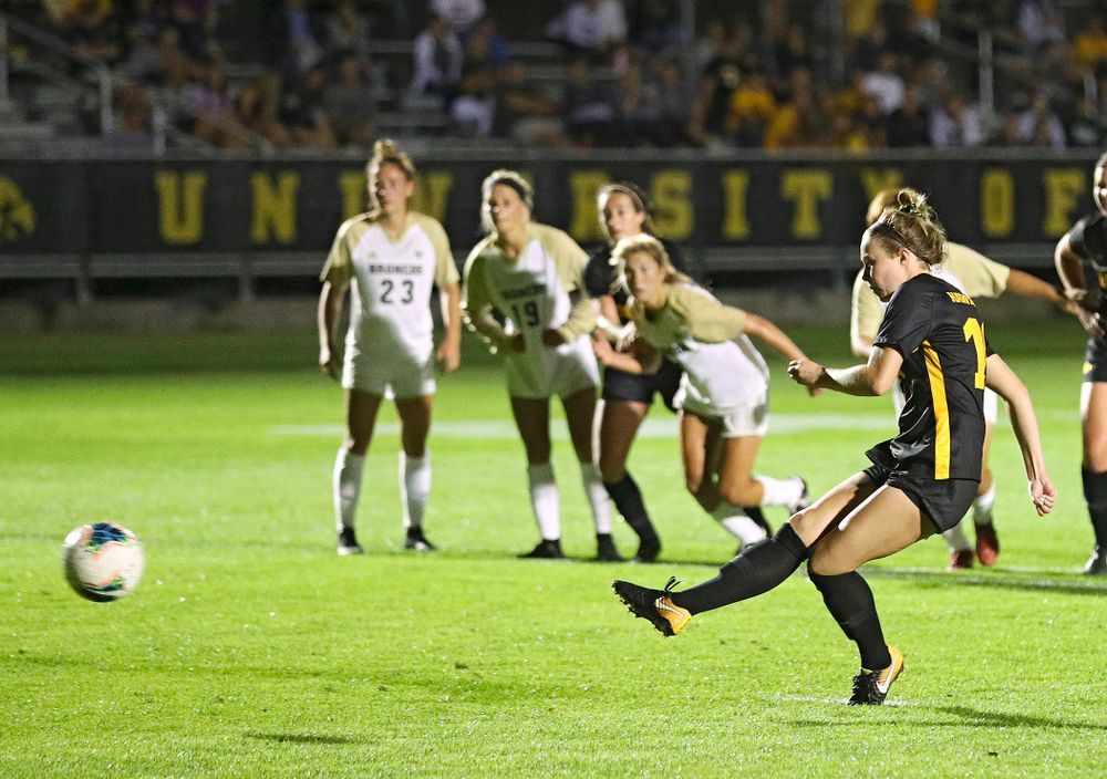 Iowa midfielder/defender Natalie Winters (10) scores a goal on a penalty kick during the second half of their match against Western Michigan at the Iowa Soccer Complex in Iowa City on Thursday, Aug 22, 2019. (Stephen Mally/hawkeyesports.com)