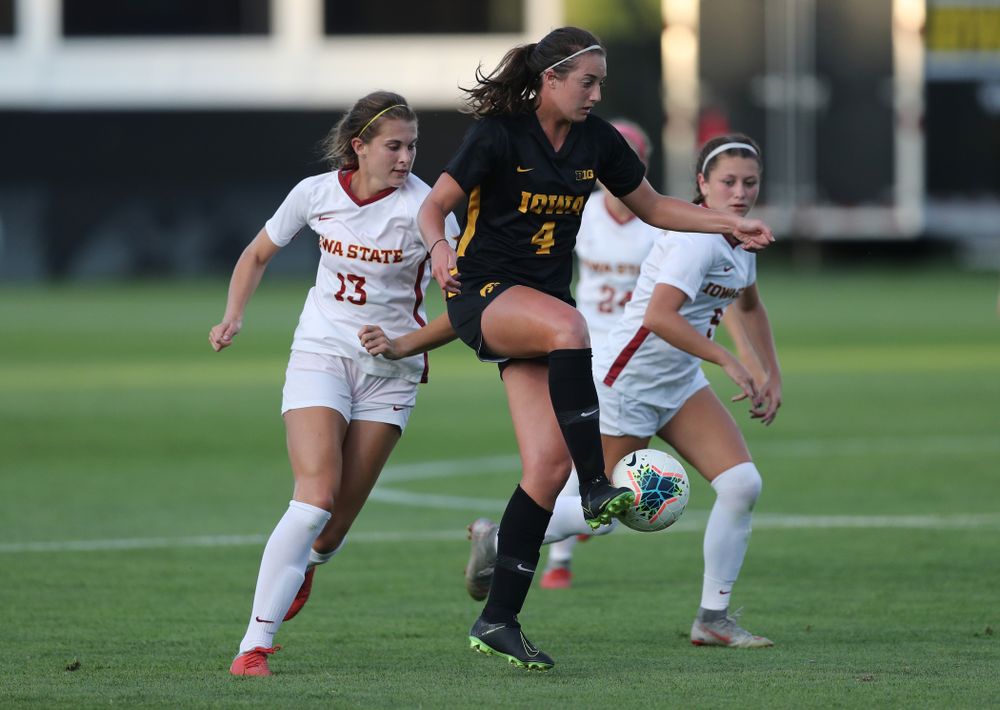 Iowa Hawkeyes forward Kaleigh Haus (4) during a 2-1 victory over the Iowa State Cyclones Thursday, August 29, 2019 in the Iowa Corn Cy-Hawk series at the Iowa Soccer Complex. (Brian Ray/hawkeyesports.com)
