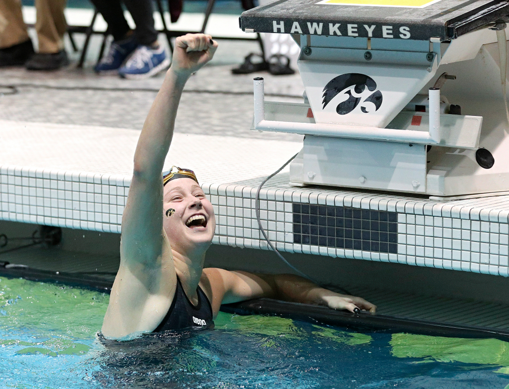 Iowa’s Aleksandra Olesiak reacts after setting a career-best time in the women’s 200 yard breaststroke C final event during the 2020 Women’s Big Ten Swimming and Diving Championships at the Campus Recreation and Wellness Center in Iowa City on Saturday, February 22, 2020. (Stephen Mally/hawkeyesports.com)