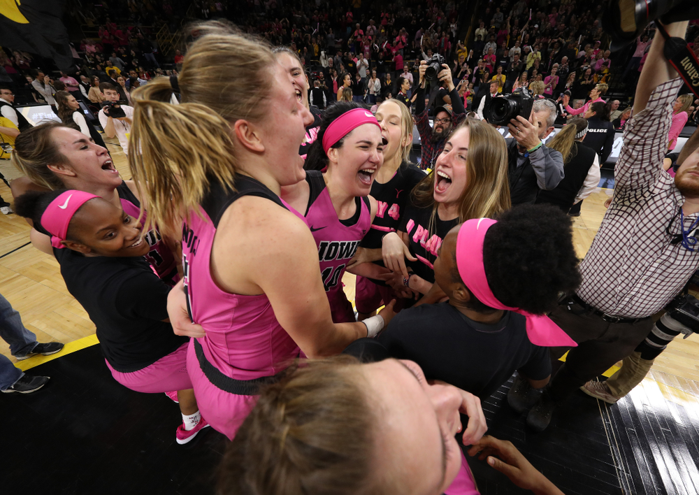 The Iowa Hawkeyes celebrate their victory over the seventh ranked Maryland Terrapins Sunday, February 17, 2019 at Carver-Hawkeye Arena. (Brian Ray/hawkeyesports.com)