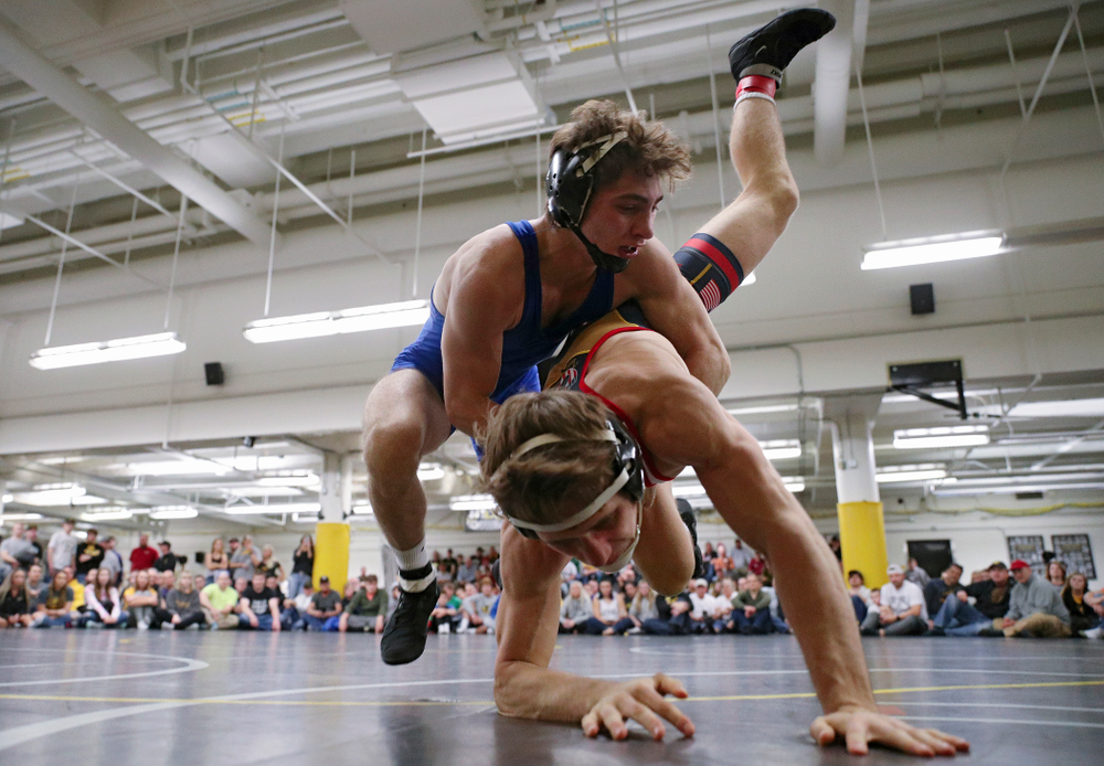 Iowa’s Austin DeSanto (top) takes Aaron Meyer to the mat during their preseason match at the Dan Gable Wrestling Complex at Carver-Hawkeye Arena in Iowa City on Friday, Nov 8, 2019. (Stephen Mally/hawkeyesports.com)