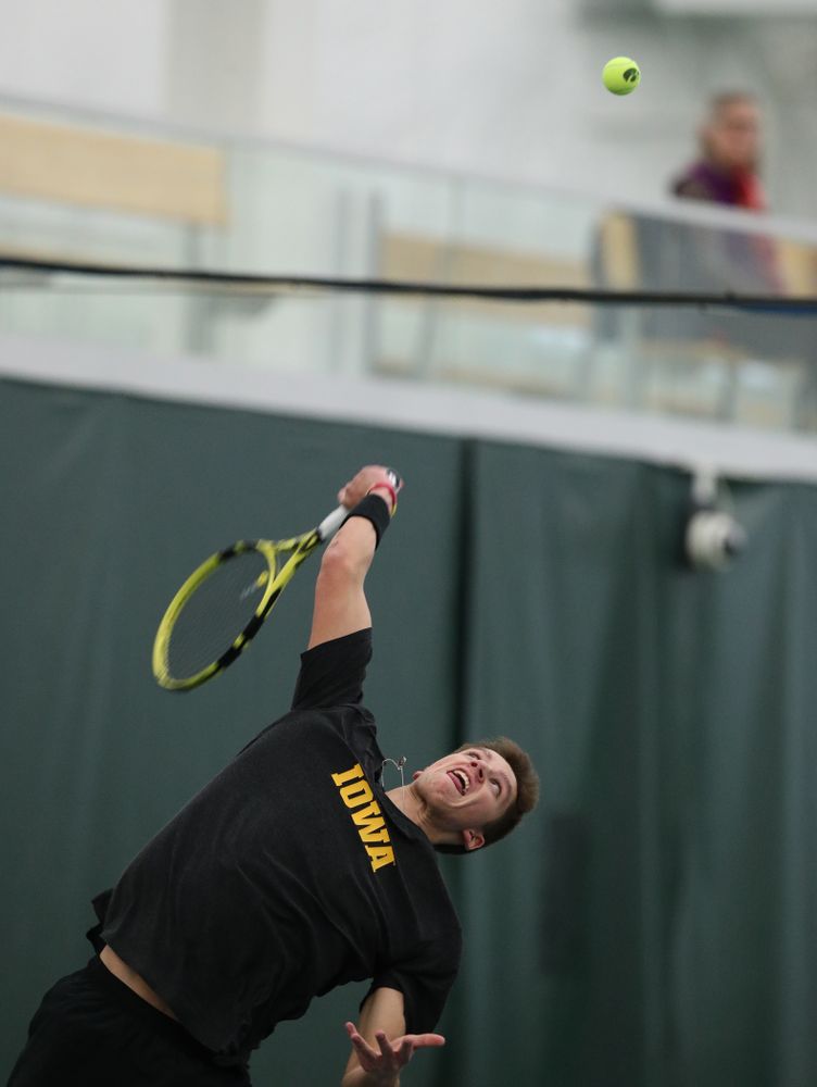 Iowa's Nikita Snezhko and Joe Tyler play a doubles match against UMKC Friday, February 15, 2019 at the Hawkeye Tennis and Recreation Complex. (Brian Ray/hawkeyesports.com)