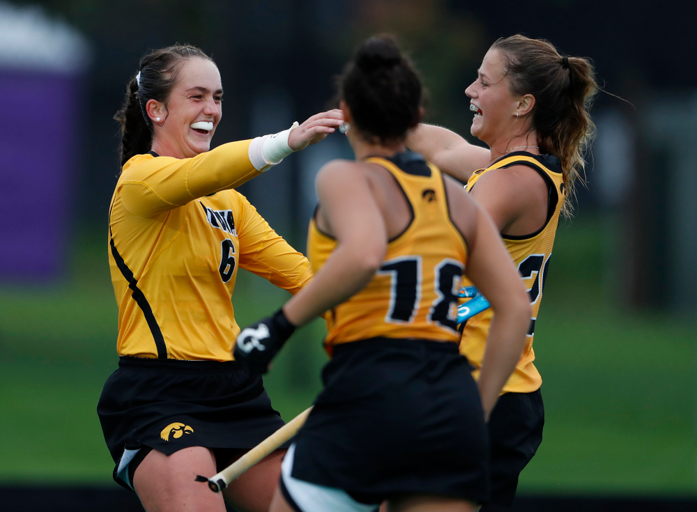 Iowa Hawkeyes Anthe Nijziel (6) and Sophie Sunderland (20) celebrate a goal against Stanford Sunday, October 7, 2018 at Grant Field. (Brian Ray/hawkeyesports.com)
