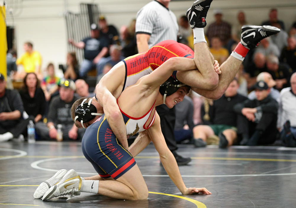 Iowa’s Carter Happel (top) and Justin Stickley battle for control during their preseason match at the Dan Gable Wrestling Complex at Carver-Hawkeye Arena in Iowa City on Thursday, Nov 7, 2019. (Stephen Mally/hawkeyesports.com)