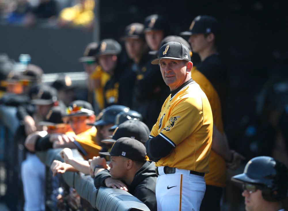 Iowa Hawkeyes head coach Rick Heller against the Michigan Wolverines Sunday, April 29, 2018 at Duane Banks Field. (Brian Ray/hawkeyesports.com)