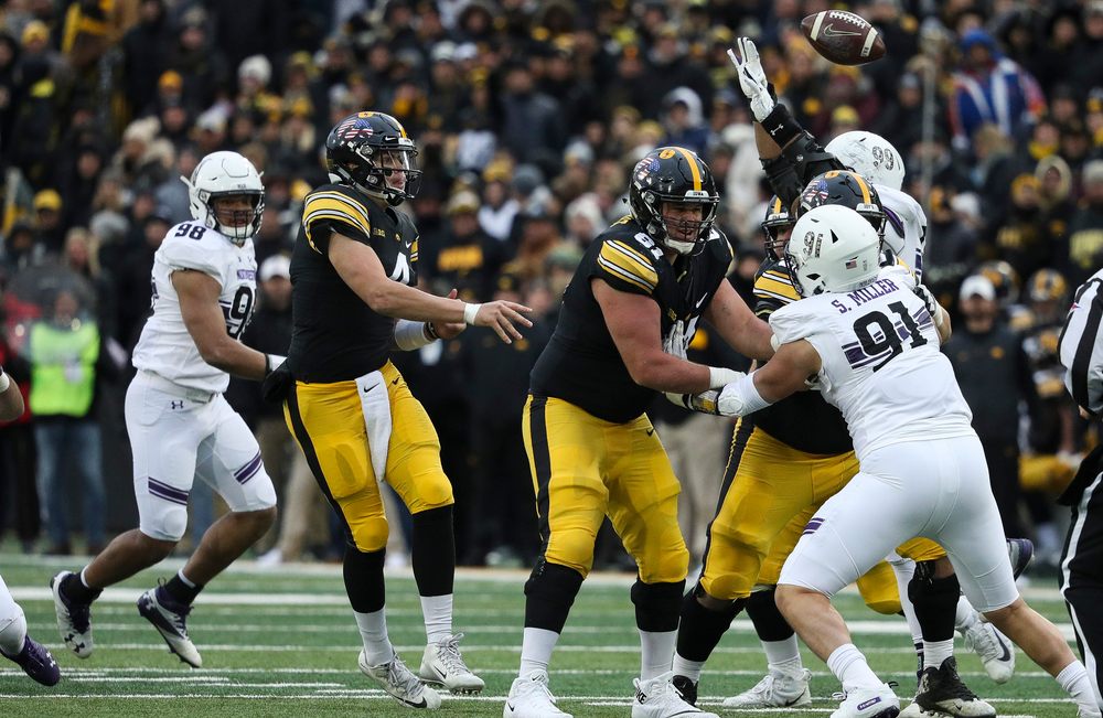 Iowa Hawkeyes quarterback Nate Stanley (4) passes the ball during a game against Northwestern at Kinnick Stadium on November 10, 2018. (Tork Mason/hawkeyesports.com)