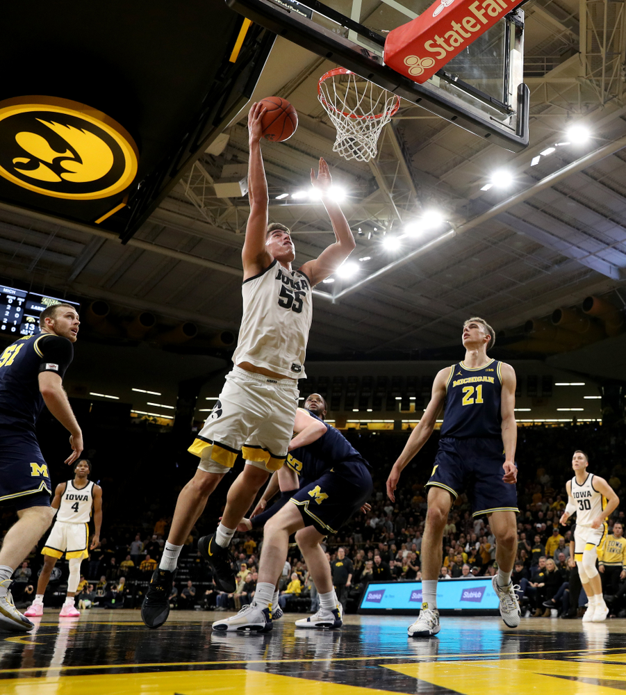 Iowa Hawkeyes forward Luka Garza (55) against the Michigan Wolverines Friday, January 17, 2020 at Carver-Hawkeye Arena. (Brian Ray/hawkeyesports.com)