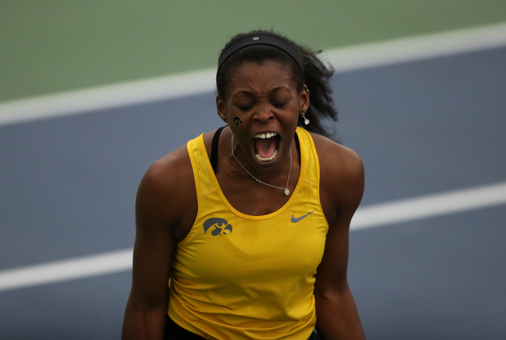 Iowa's Adorabol Huckleby against the Iowa State Cyclones Friday, February 8, 2019 at the Hawkeye Tennis and Recreation Complex. (Brian Ray/hawkeyesports.com)