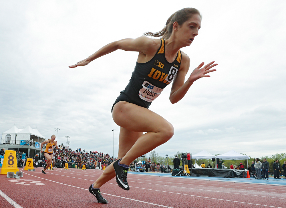 Iowa's Talia Buss runs the women’s 400 meter dash event on the second day of the Big Ten Outdoor Track and Field Championships at Francis X. Cretzmeyer Track in Iowa City on Saturday, May. 11, 2019. (Stephen Mally/hawkeyesports.com)