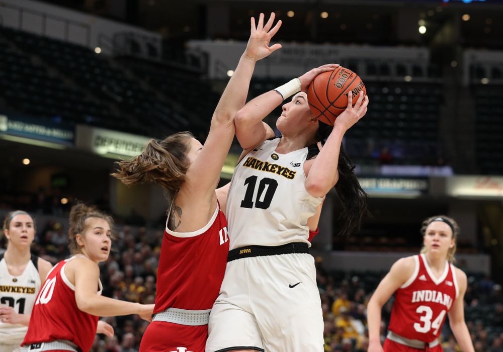 Iowa Hawkeyes forward Megan Gustafson (10) against the Indiana Hoosiers in the quarterfinals of the Big Ten Tournament Friday, March 8, 2019 at Bankers Life Fieldhouse in Indianapolis, Ind. (Brian Ray/hawkeyesports.com)