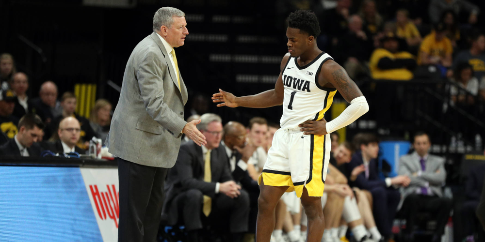Iowa Hawkeyes guard Joe Toussaint (1) and assistant coach Kirk Speraw against Oral Roberts Friday, November 15, 2019 at Carver-Hawkeye Arena. (Brian Ray/hawkeyesports.com)