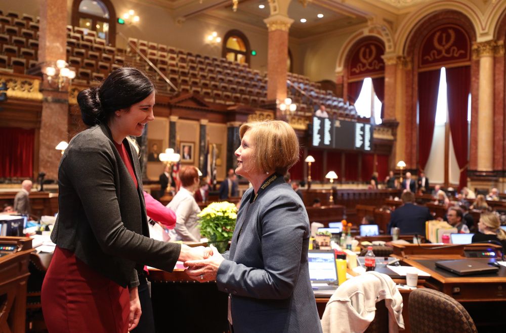 Iowa WomenÕs BasketballÕs Megan Gustafson is recognized with a resolution by the house and the senate at the Iowa State Capitol Wednesday, April 24, 2019 in Des Moines. (Brian Ray/hawkeyesports.com)