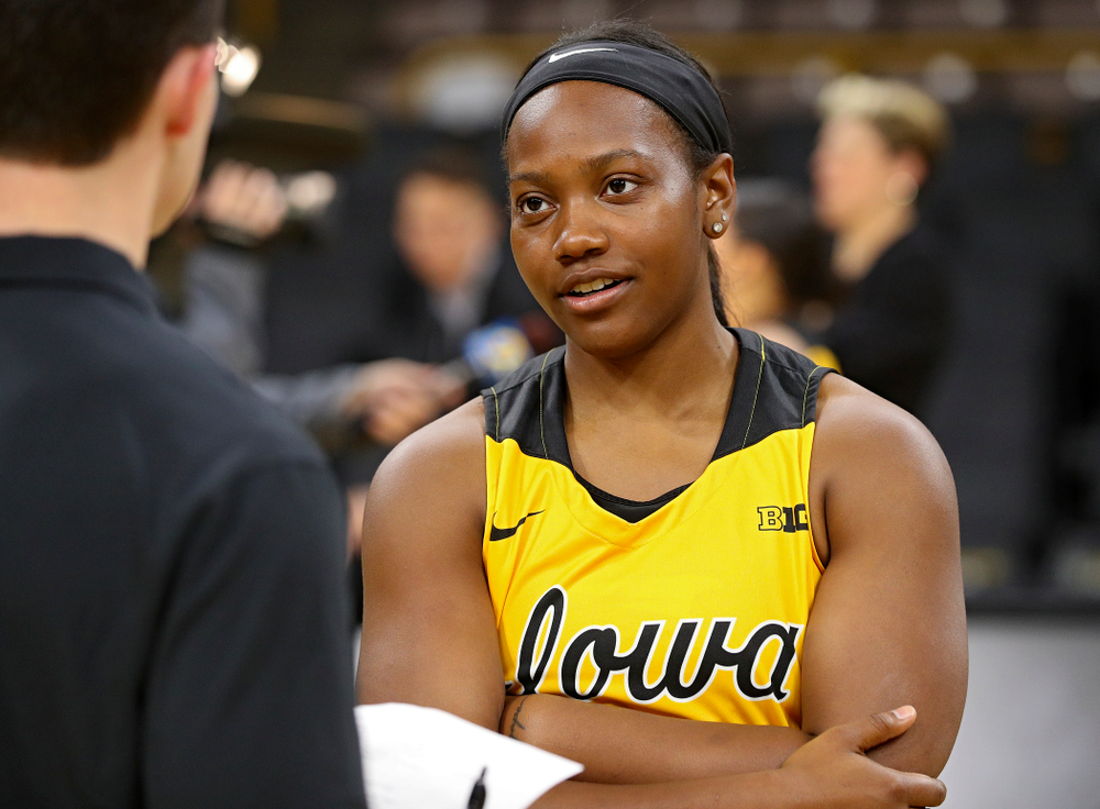 Iowa guard Zion Sanders (21) answers questions during Iowa Women’s Basketball Media Day at Carver-Hawkeye Arena in Iowa City on Thursday, Oct 24, 2019. (Stephen Mally/hawkeyesports.com)