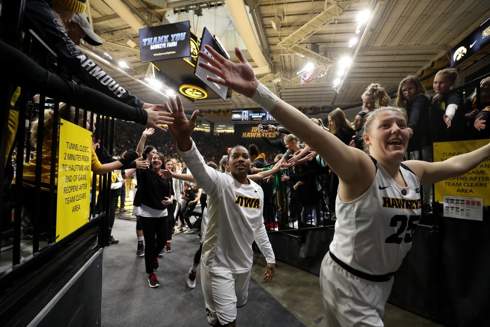 Iowa Hawkeyes forward/center Monika Czinano (25) and guard Alexis Sevillian (5) against the Purdue Boilermakers Sunday, January 27, 2019 at Carver-Hawkeye Arena. (Brian Ray/hawkeyesports.com)
