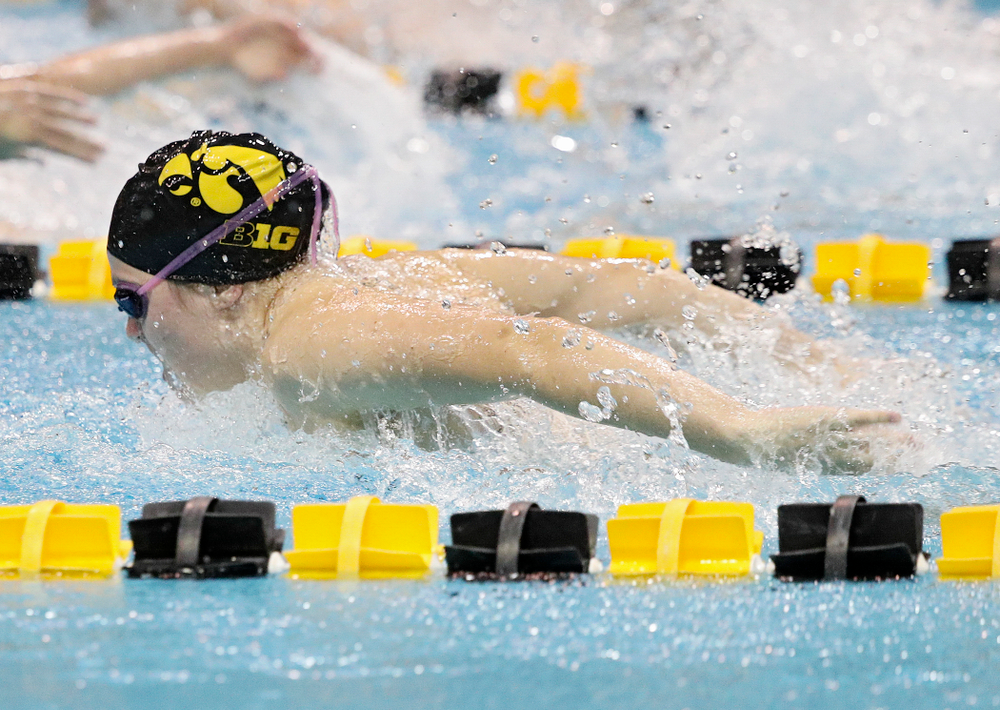 Iowa’s Alleyna Thomas swims the butterfly section of the 100-yard individual medley event during their meet against Michigan State at the Campus Recreation and Wellness Center in Iowa City on Thursday, Oct 3, 2019. (Stephen Mally/hawkeyesports.com)
