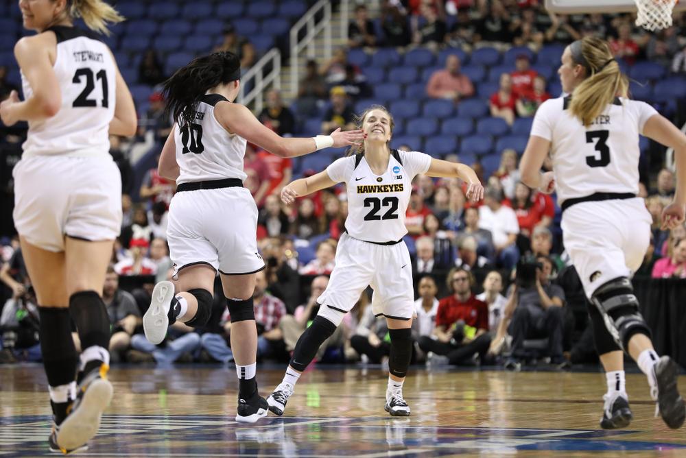 Iowa Hawkeyes guard Kathleen Doyle (22) against the NC State Wolfpack in the regional semi-final of the 2019 NCAA Women's College Basketball Tournament Saturday, March 30, 2019 at Greensboro Coliseum in Greensboro, NC.(Brian Ray/hawkeyesports.com)