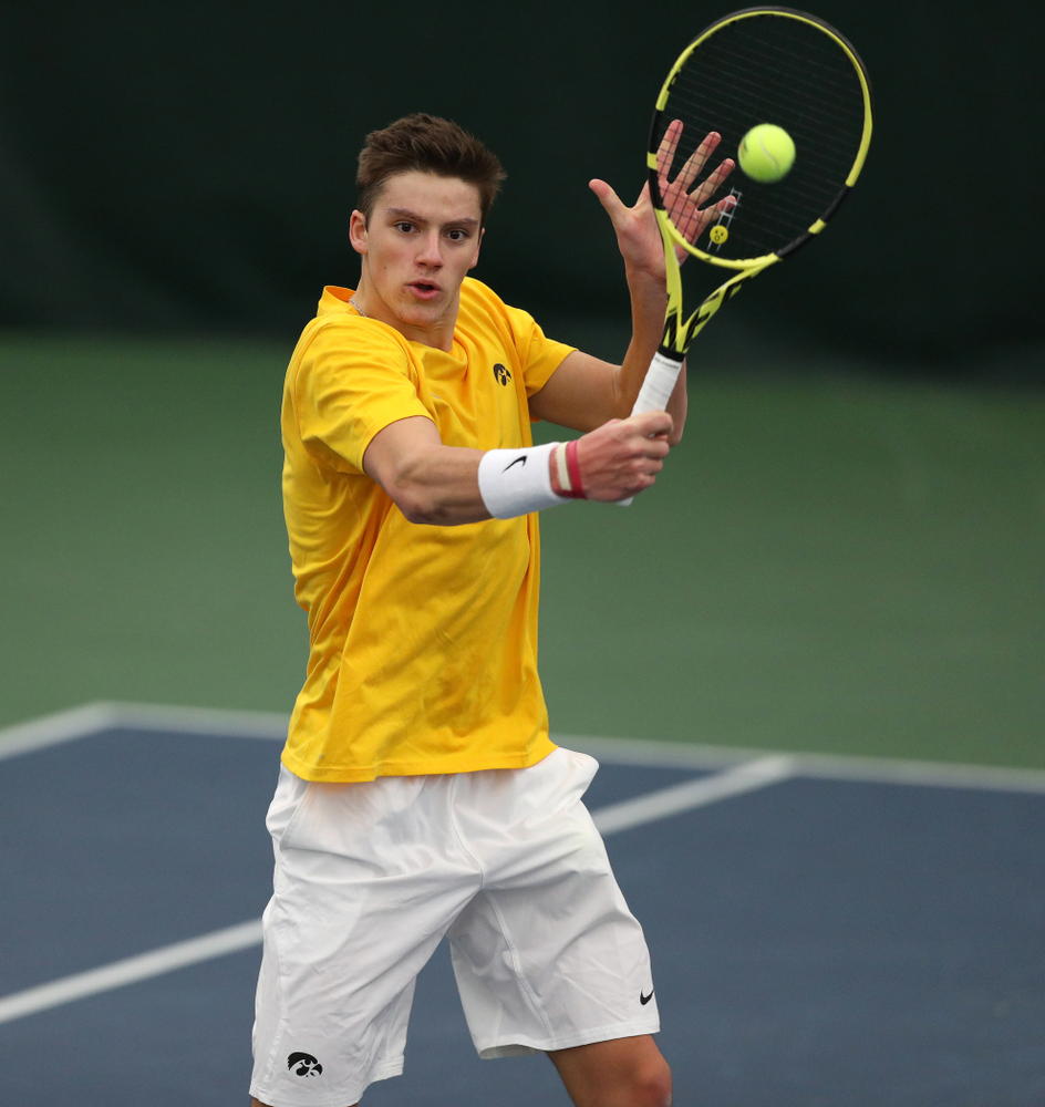 Joe Tyler against Utah Sunday, February 10, 2019 at the Hawkeye Tennis and Recreation Complex. (Brian Ray/hawkeyesports.com)