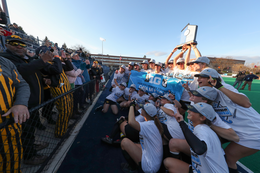 The Iowa Hawkeyes celebrate their victory over Penn State in the 2019 Big Ten Field Hockey Tournament Championship Game Sunday, November 10, 2019 in State College. (Brian Ray/hawkeyesports.com)