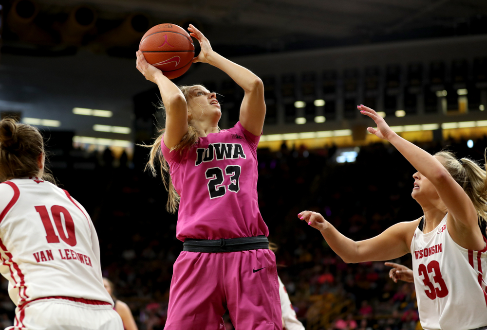 Iowa Hawkeyes Logan Cook (23) against the Wisconsin Badgers Sunday, February 16, 2020 at Carver-Hawkeye Arena. (Brian Ray/hawkeyesports.com)