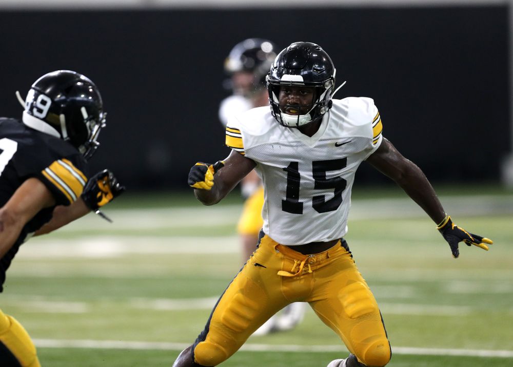 Iowa Hawkeyes defensive back Dallas Craddieth (15) during Fall Camp Practice No. 6 Thursday, August 8, 2019 at the Ronald D. and Margaret L. Kenyon Football Practice Facility. (Brian Ray/hawkeyesports.com)