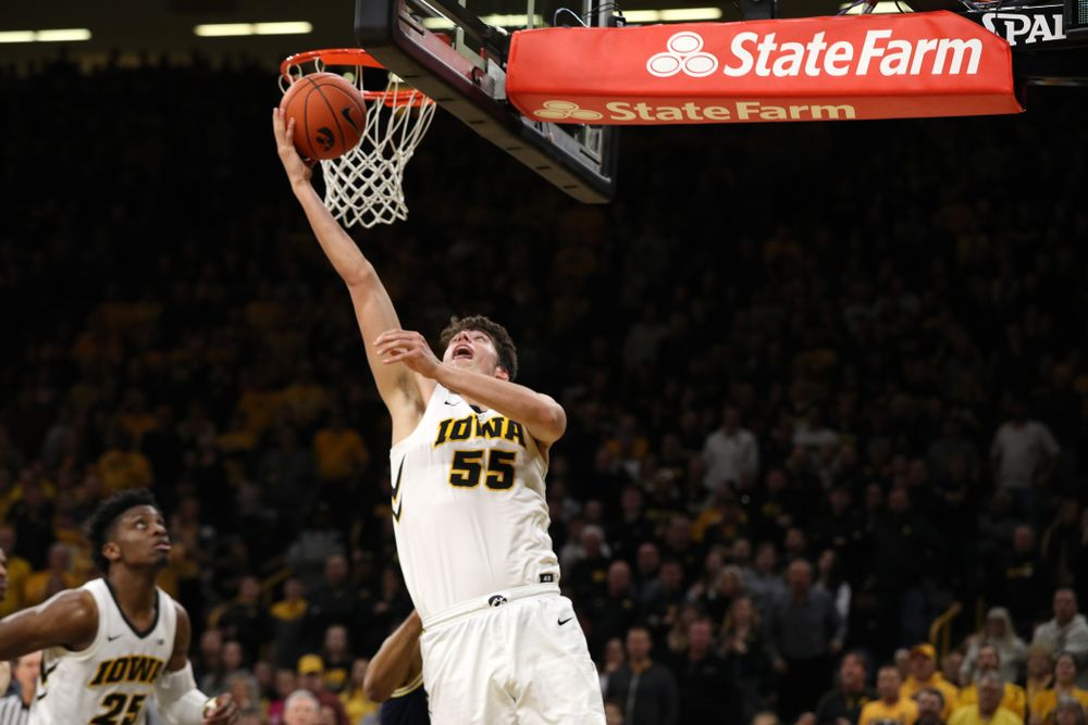 Iowa Hawkeyes forward Luka Garza (55) against the Michigan Wolverines Friday, February 1, 2019 at Carver-Hawkeye Arena. (Brian Ray/hawkeyesports.com)