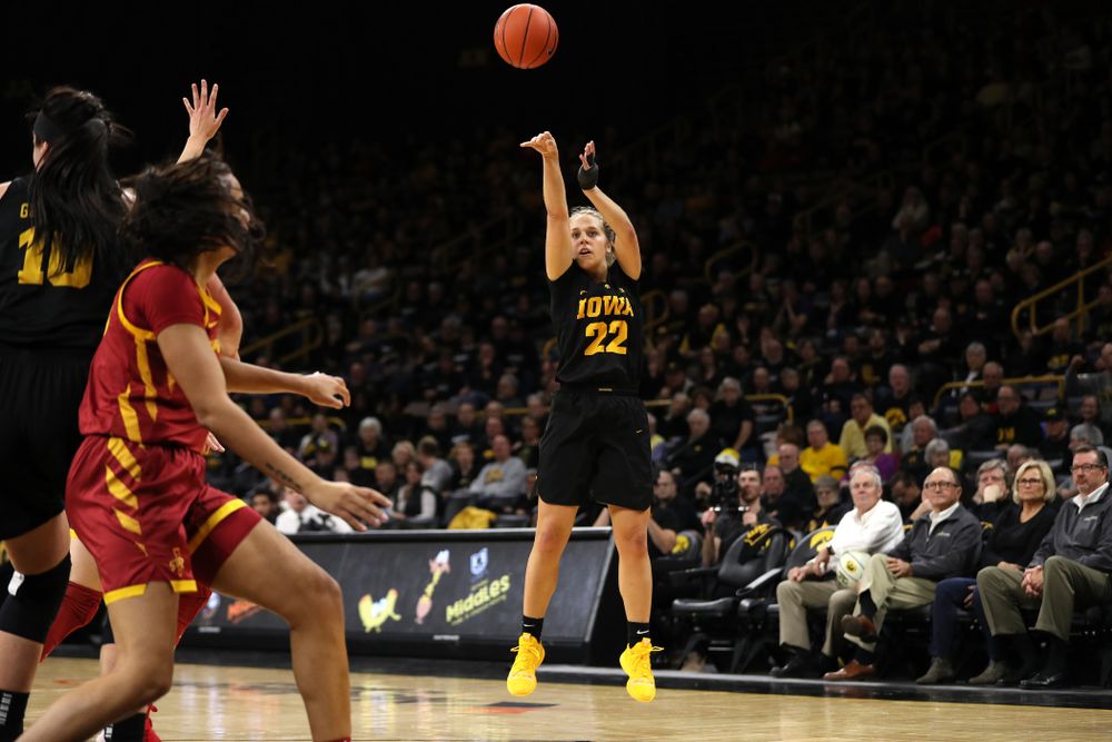 Iowa Hawkeyes guard Kathleen Doyle (22) knocks down a three point basket against the Iowa State Cyclones in the Iowa Corn Cy-Hawk Series Wednesday, December 5, 2018 at Carver-Hawkeye Arena. (Brian Ray/hawkeyesports.com)