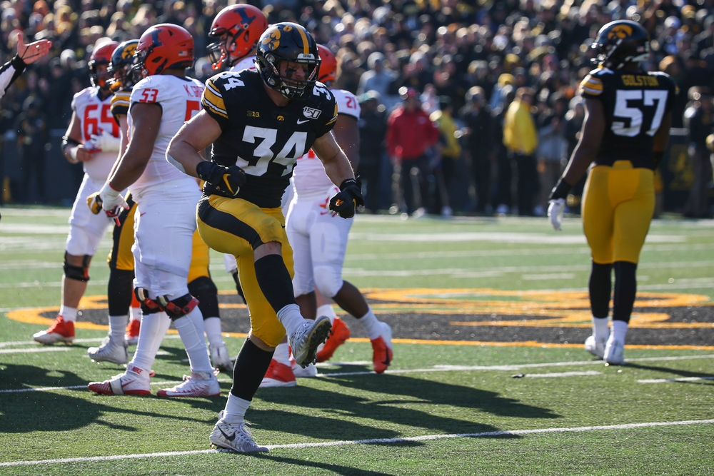 Iowa Hawkeyes linebacker Kristian Welch (34) during Iowa football vs Illinois on Saturday, November 23, 2019 at Kinnick Stadium. (Lily Smith/hawkeyesports.com)