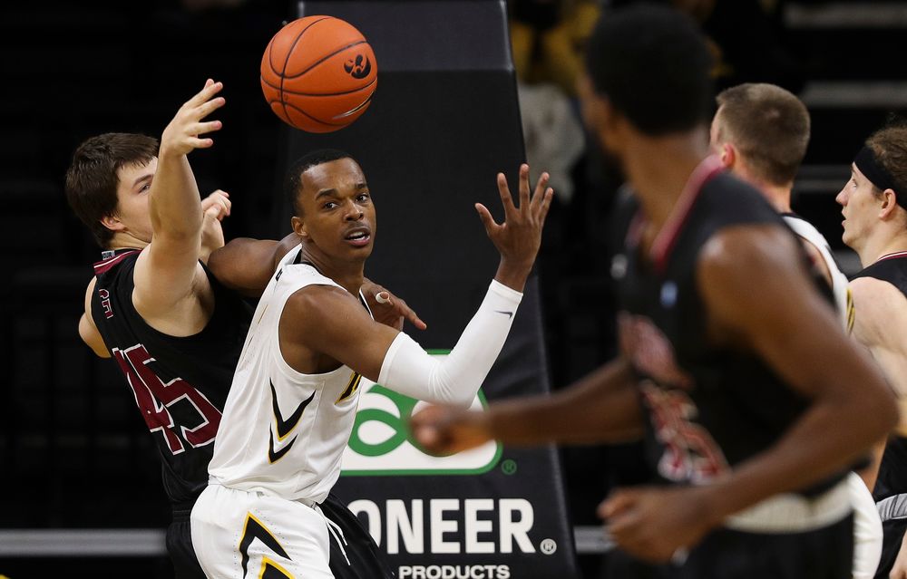 Iowa Hawkeyes guard Maishe Dailey (1) fights for a rebound during a game against Guilford College at Carver-Hawkeye Arena on November 4, 2018. (Tork Mason/hawkeyesports.com)