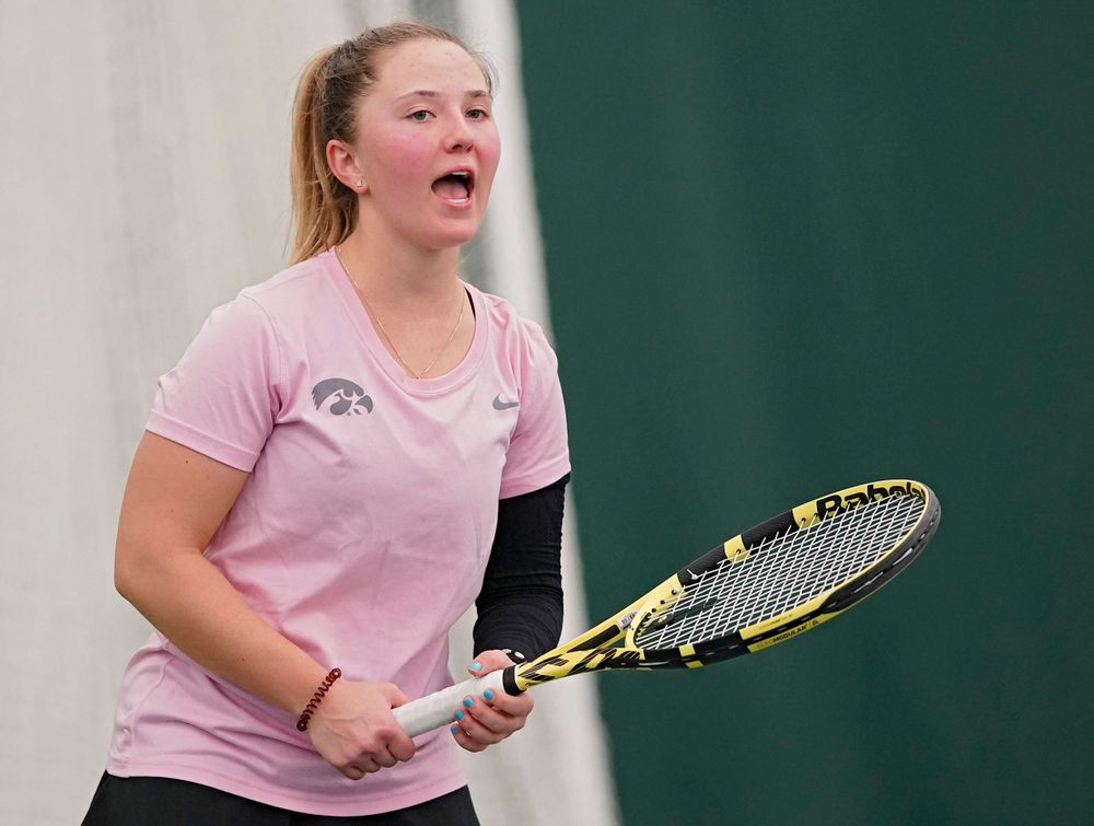 Iowa's Danielle Burich celebrates after a score during a match against Purdue at the Hawkeye Tennis and Recreation Complex in Iowa City on Friday, Mar. 29, 2019. (Stephen Mally/hawkeyesports.com)