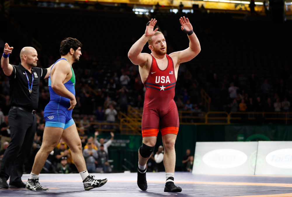 Kyle Snyder during the gold medal match of the United World Wrestling Freestyle World Cup against Azerbaijan Sunday, April 8, 2018 at Carver-Hawkeye Arena. (Brian Ray/hawkeyesports.com)
