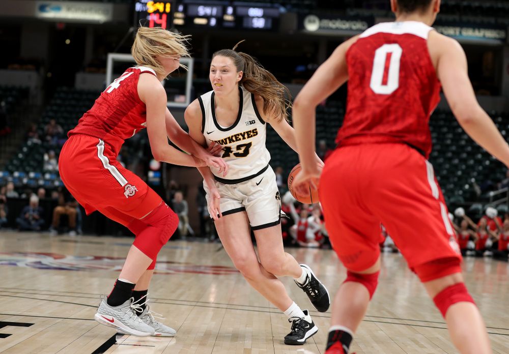 Iowa Hawkeyes forward Amanda Ollinger (43) against Ohio State in the quarterfinals of the Big Ten Basketball Tournament Friday, March 6, 2020 at Bankers Life Fieldhouse in Indianapolis. (Brian Ray/hawkeyesports.com)