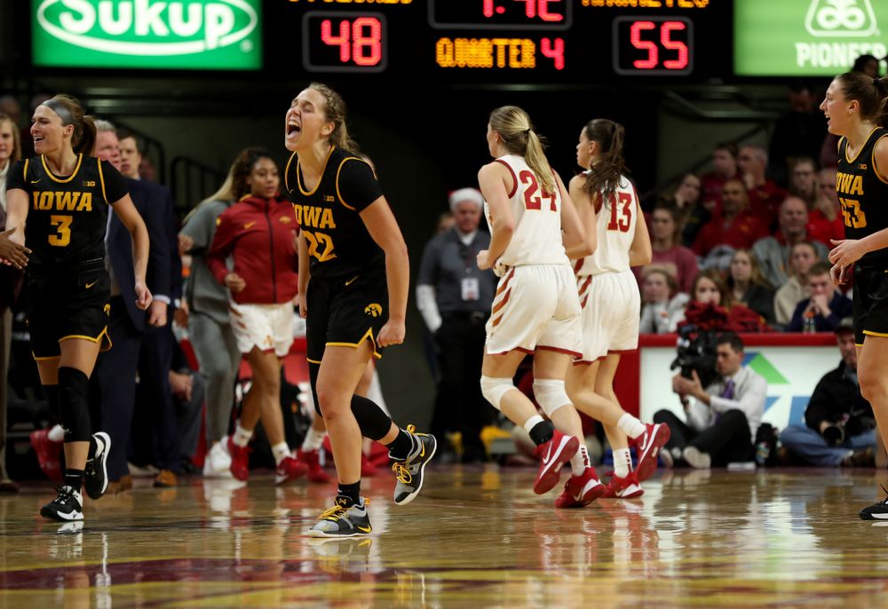 Iowa Hawkeyes guard Kathleen Doyle (22) celebrates against the Iowa State Cyclones Wednesday, December 11, 2019 at Hilton Coliseum in Ames, Iowa(Brian Ray/hawkeyesports.com)