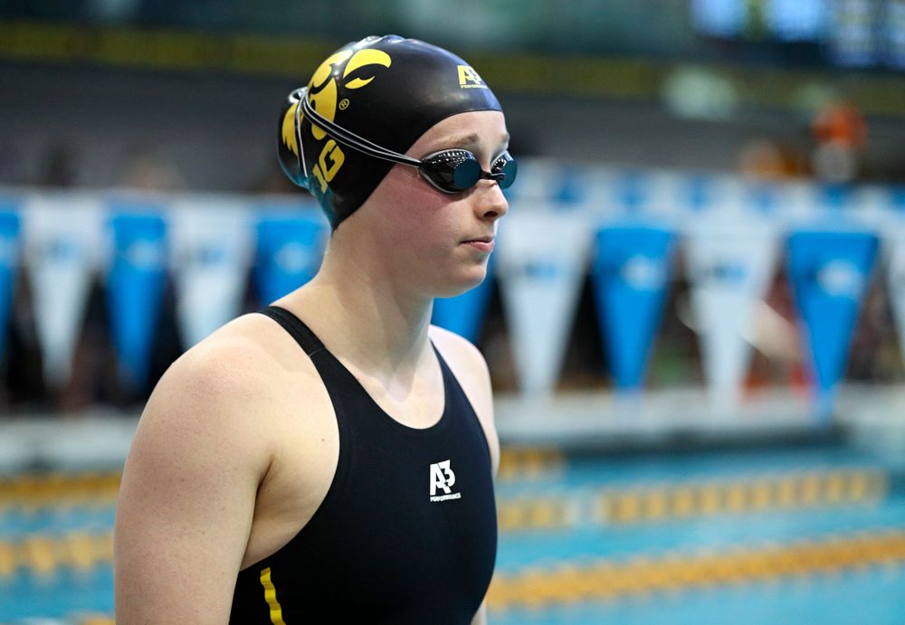 Iowa’s Kelsey Drake waits to swim in the women’s 200 yard butterfly preliminary event during the 2020 Women’s Big Ten Swimming and Diving Championships at the Campus Recreation and Wellness Center in Iowa City on Saturday, February 22, 2020. (Stephen Mally/hawkeyesports.com)