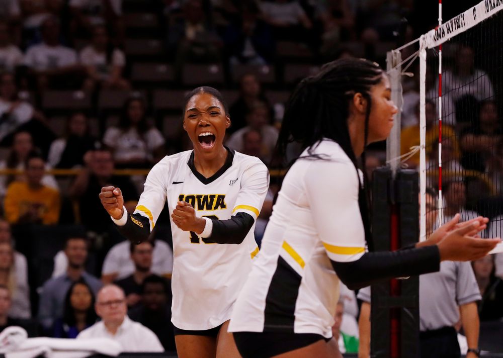 Iowa Hawkeyes outside hitter Taylor Louis (16) against the Michigan State Spartans Friday, September 21, 2018 at Carver-Hawkeye Arena. (Brian Ray/hawkeyesports.com)