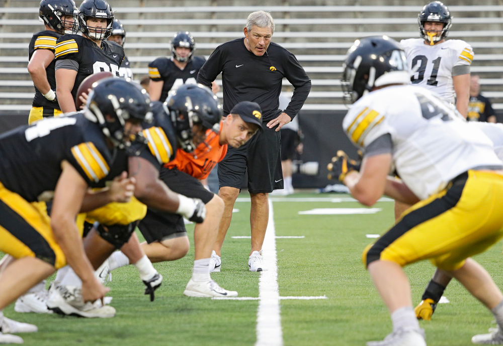 Iowa Hawkeyes head coach Kirk Ferentz looks on during Fall Camp Practice No. 12 at Kinnick Stadium in Iowa City on Thursday, Aug 15, 2019. (Stephen Mally/hawkeyesports.com)