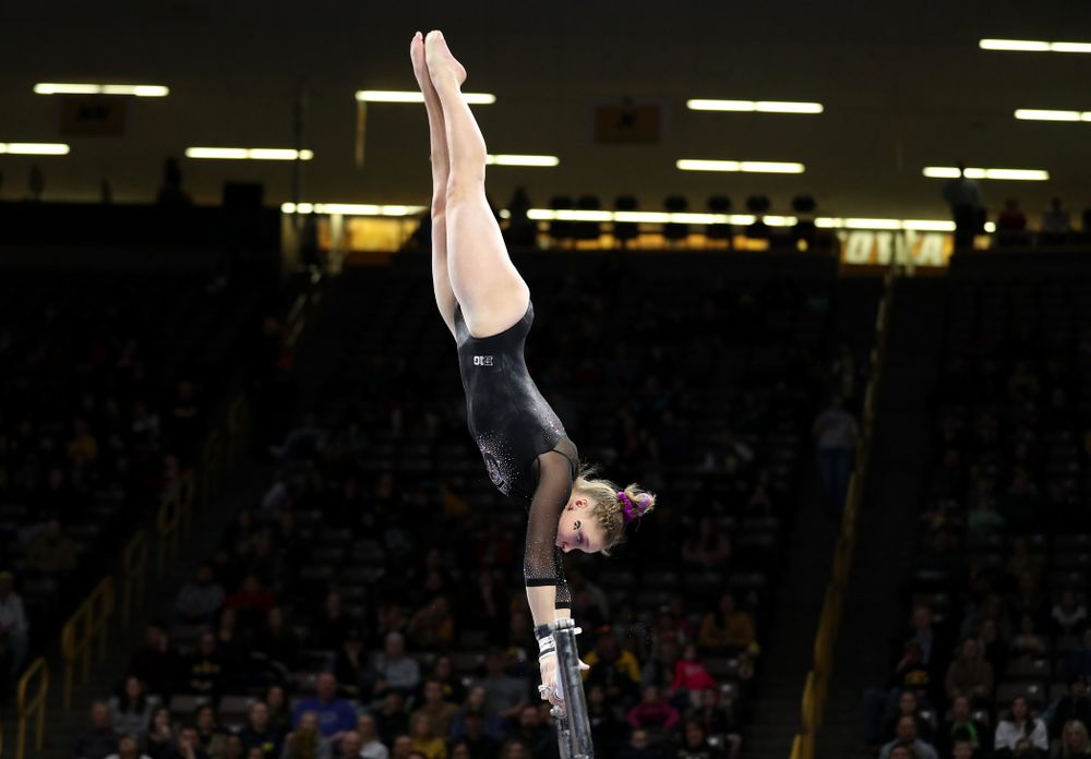 Iowa’s Allyson Steffensmeier competes on the bars against Michigan Friday, February 14, 2020 at Carver-Hawkeye Arena. (Brian Ray/hawkeyesports.com)