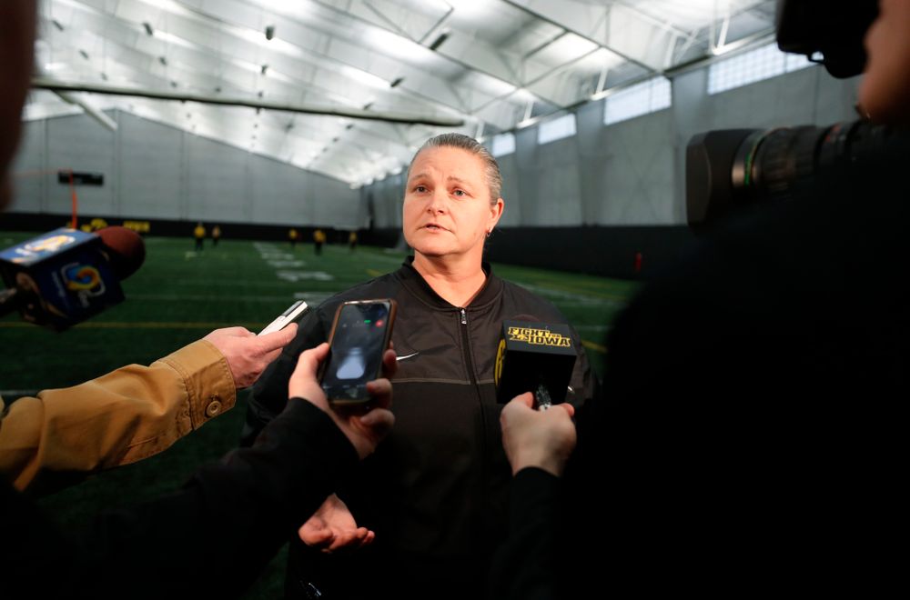 Iowa Head Coach Marla Looper answers questions during the team's annual media day Thursday, February 1, 2018 at the Hawkeye Tennis and Recreation Complex. (Brian Ray/hawkeyesports.com)