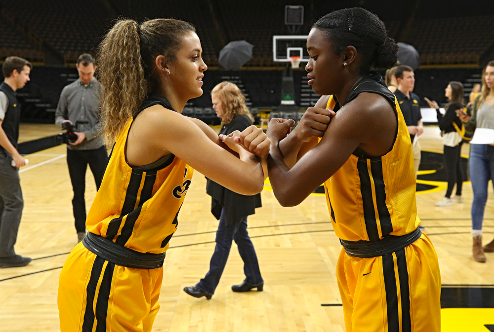 Iowa guard Gabbie Marshall (24) and guard Tomi Taiwo (1) during Iowa Women’s Basketball Media Day at Carver-Hawkeye Arena in Iowa City on Thursday, Oct 24, 2019. (Stephen Mally/hawkeyesports.com)