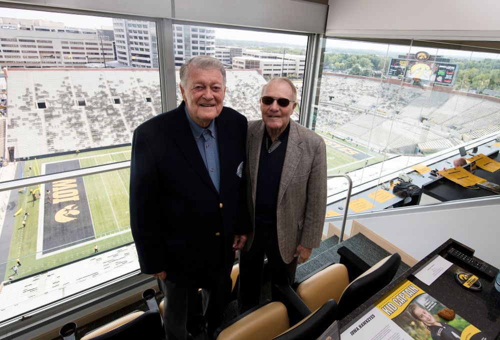 Former Iowa Hawkeyes head coach Hayden Fry and former athletics director Bump Elliott stands in the press box Saturday, September 3, 2016 at Kinnick Stadium. (Brian Ray/hawkeyesports.com)
