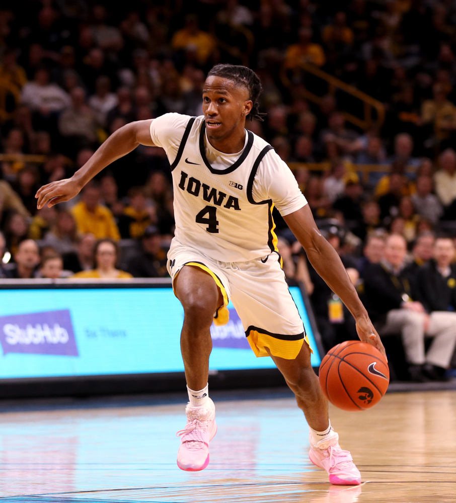 Iowa Hawkeyes guard Bakari Evelyn (4) against the Purdue Boilermakers Tuesday, March 3, 2020 at Carver-Hawkeye Arena. (Brian Ray/hawkeyesports.com)